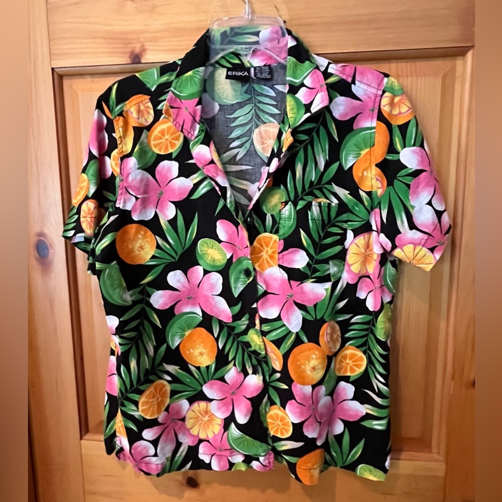 Erika floral tropical Hawaiian beach vacay shirt